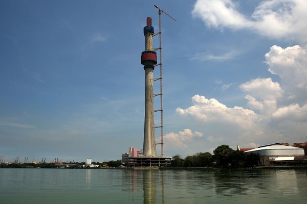 Chinese funding project estimated to cost US$ 104.3 million, Lotus Tower stands over the lake on October 15, 2015 in Colombo, Sri Lanka.