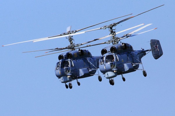 In this handout image supplied by Host photo agency / RIA Novosti, Ka-27PL helicopters during a rehearsal of the military parade to mark the 70th anniversary of Victory in the 1941-1945 Great Patriotic War, May 7, 2015 in Baltiysk, Russia. 