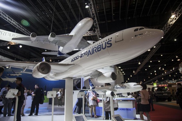 A model of Airbus A330-200 aircraft is displayed at the Singapore Airshow on February 13, 2014 in Singapore.