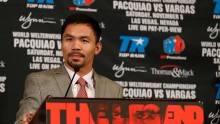 Manny Pacquiao speaks during a press conference at the Beverly Hills Hotel on September 8, 2016 in Beverly Hills, California. 