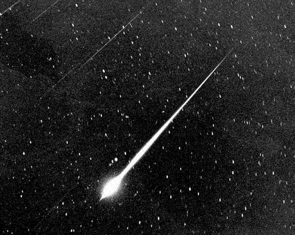 This Bright Leonid Fireball is seen during the storm of 1966 in the sky above Wrightwood, Calif.  (NASA)