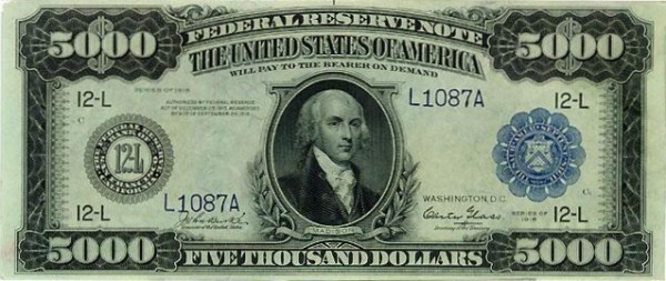 The image of a $5,000 dollar bill. (WikiMedia Commons)