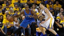 Serge Ibaka (L) posts up against Klay Thompson during his time in Oklahoma City